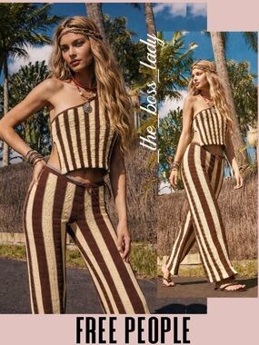Free People crochet set co-ord matching set pants knit cozy boho striped Medium